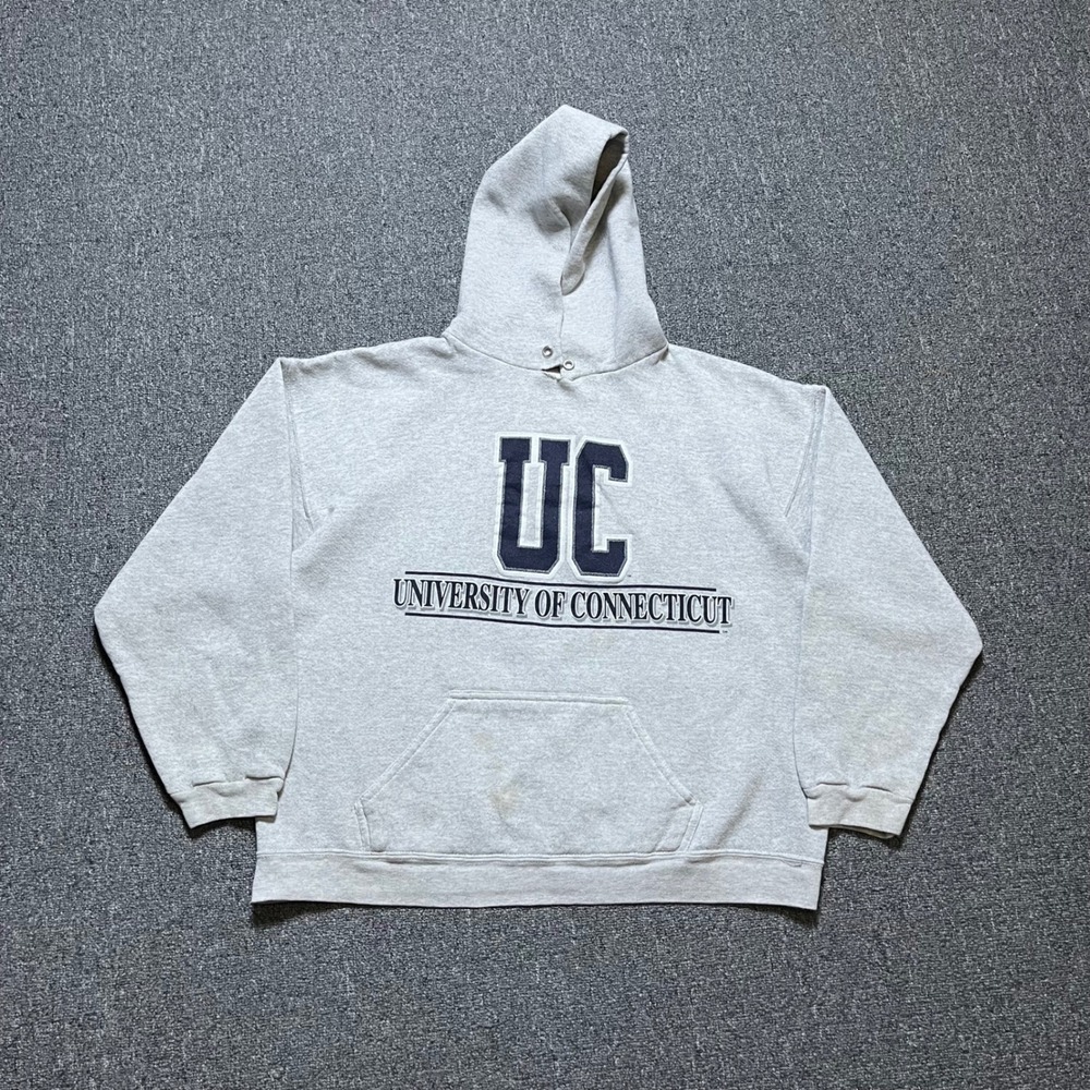 Vintage Tultex University of Connecticut Hoodie Large Grey UConn Sweatshirt 90s - Picture 1 of 14